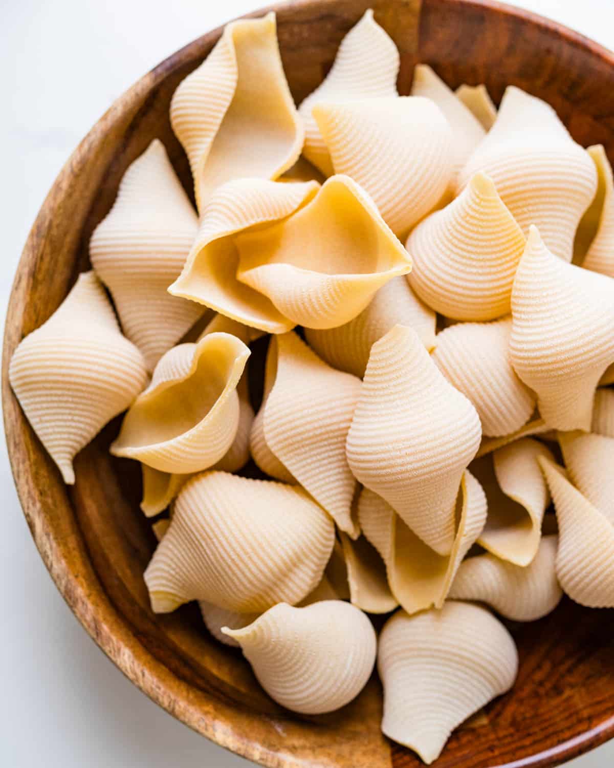 Uncooked shell pasta in a bowl.