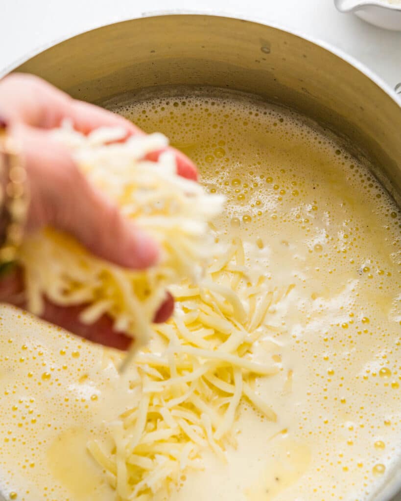 Adding mozzarella cheese to the alfredo sauce.