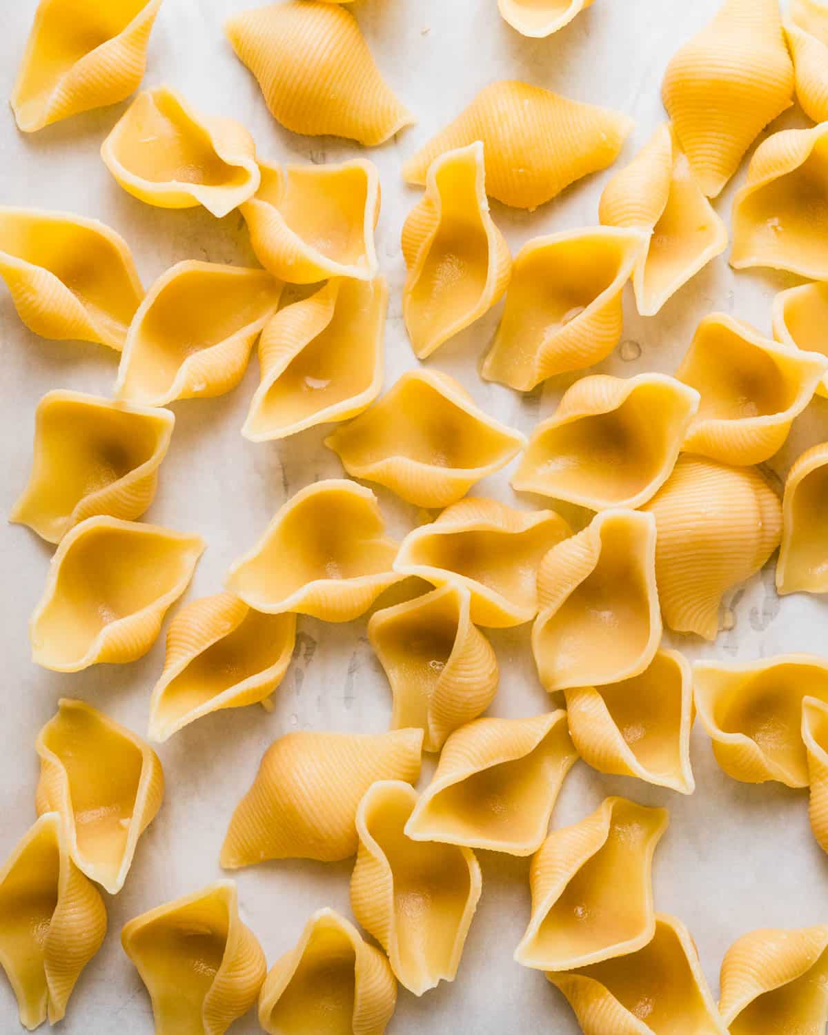 Cooling cooked pasta shells.