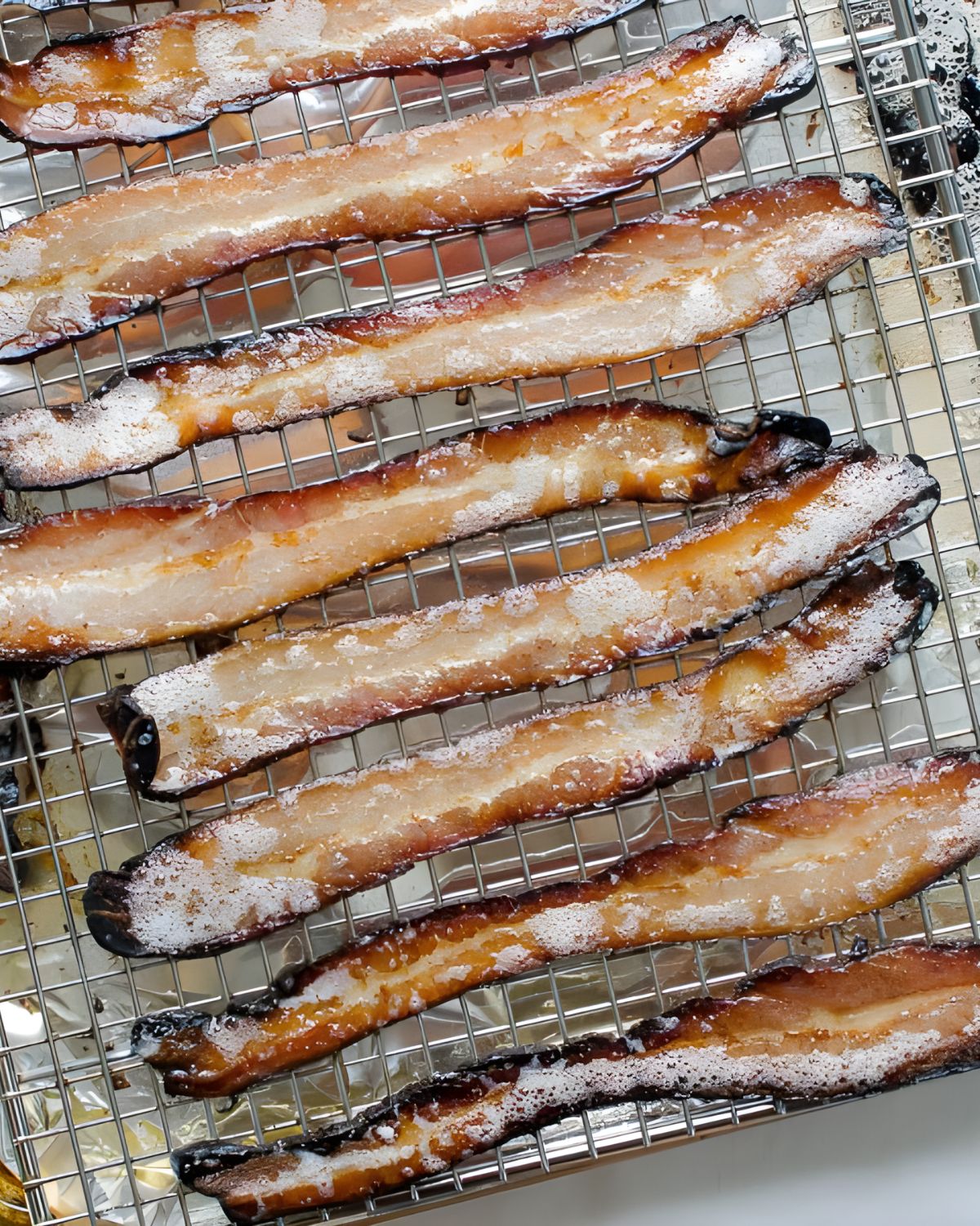frying applewood bacon on a rack in the oven.