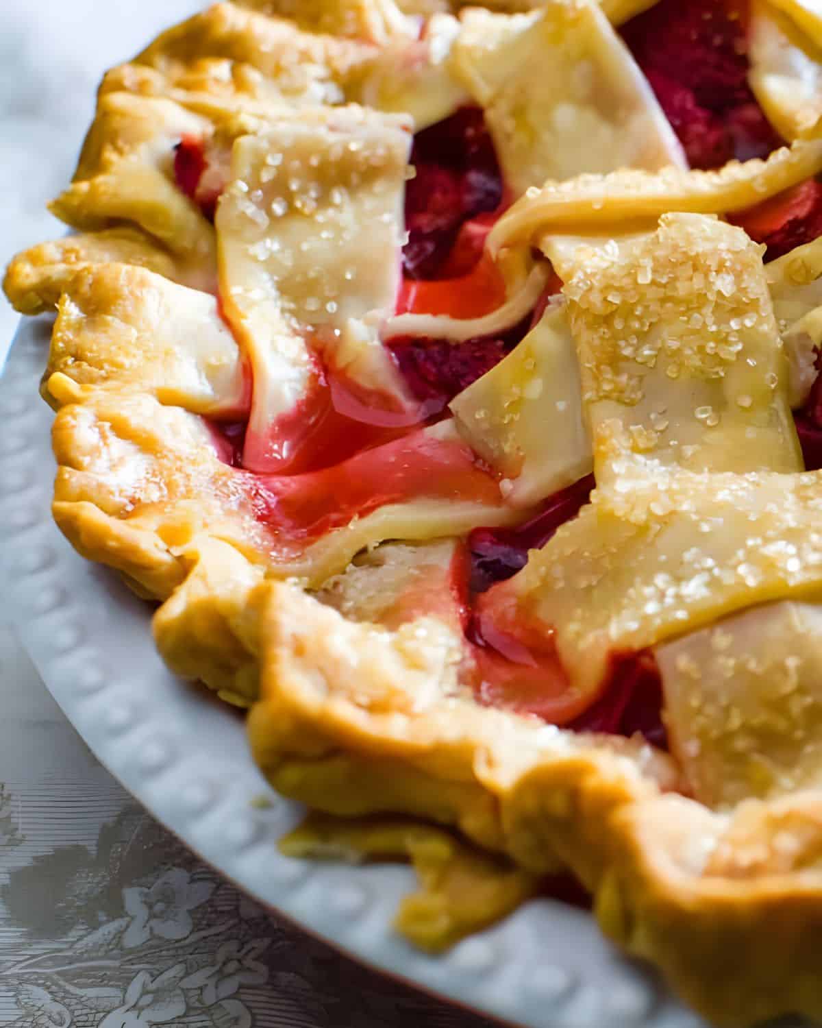 A closeup of the baked strawberry pie.