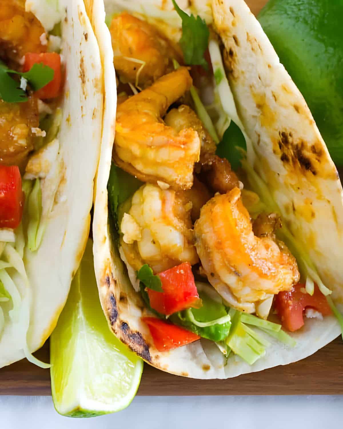 Shrimp tacos with lime for squeezing.