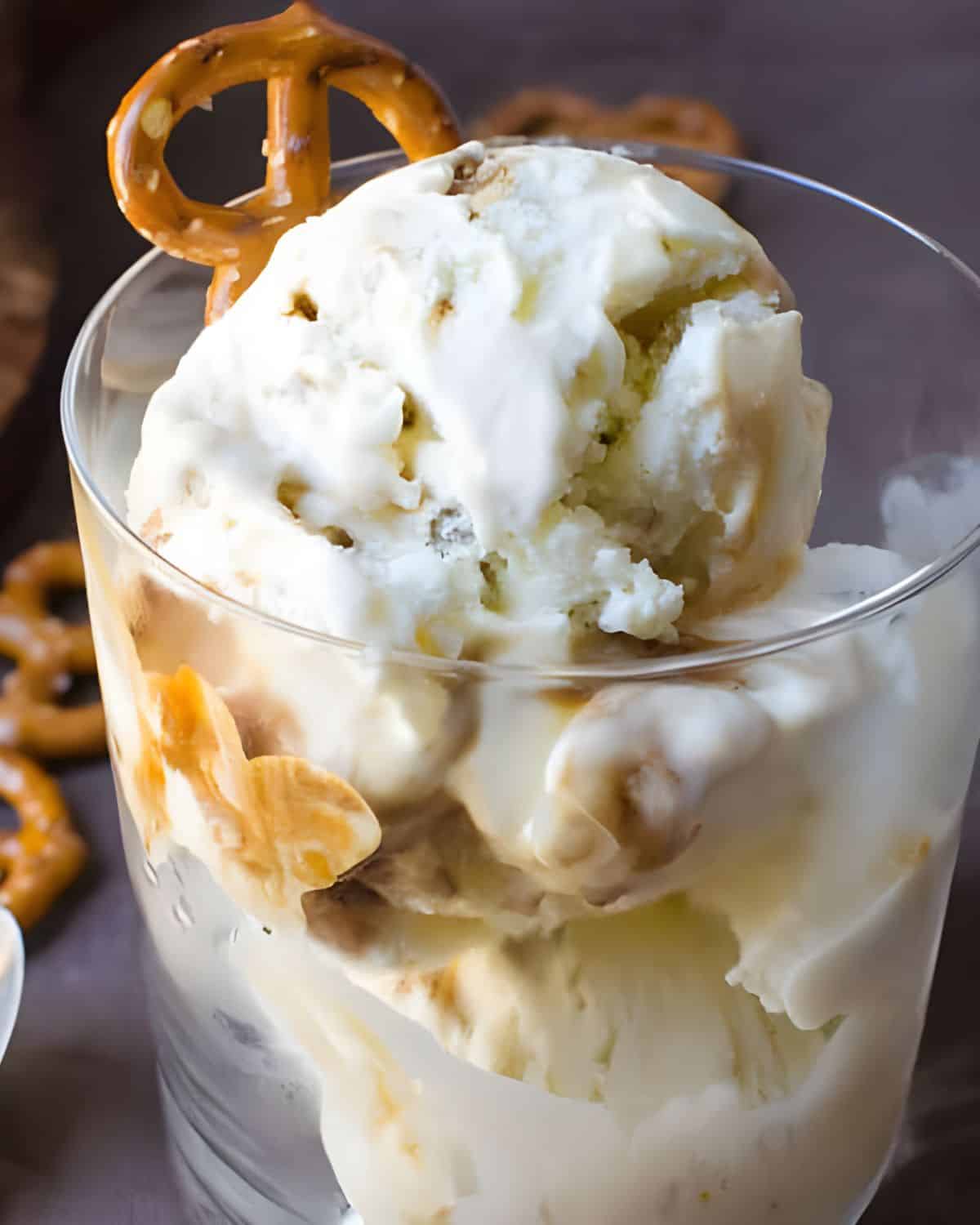 A serving of stout pretzel ice cream with extra pretzels.