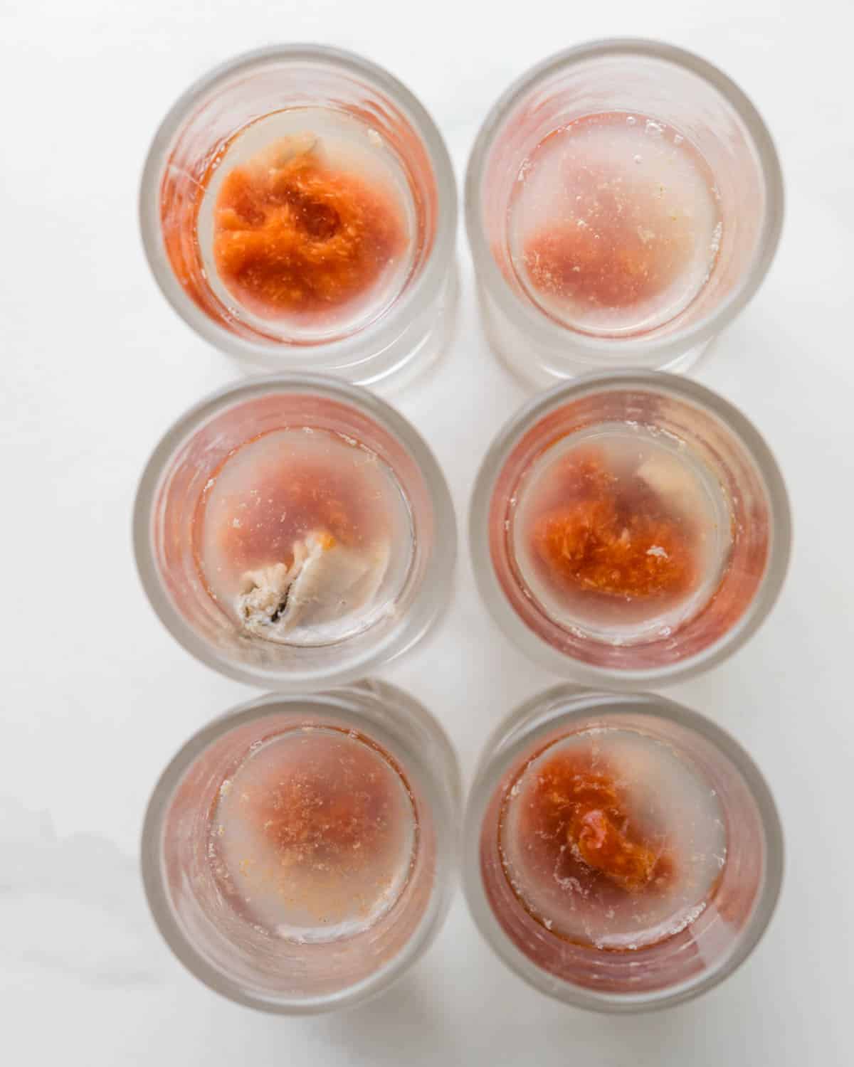 An overhead shot of the oyster shooters.