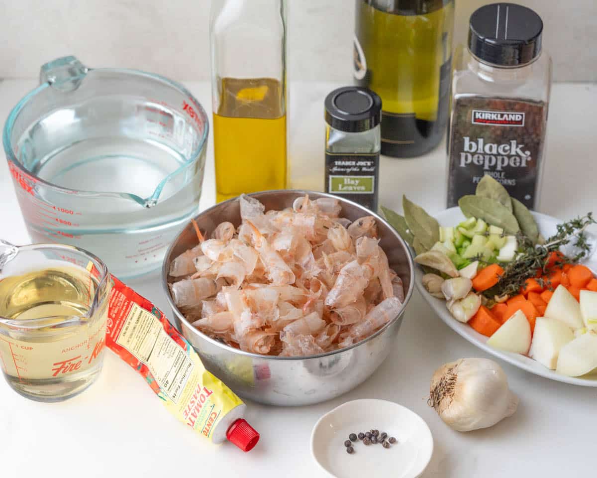 The ingredients to make shrimp stock.