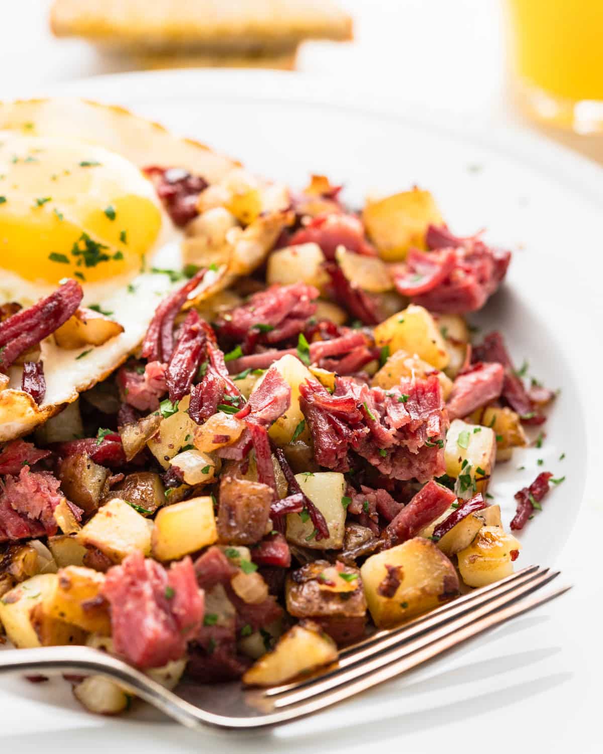 A closeup of the crispy, chewy corned beef hash recipe.