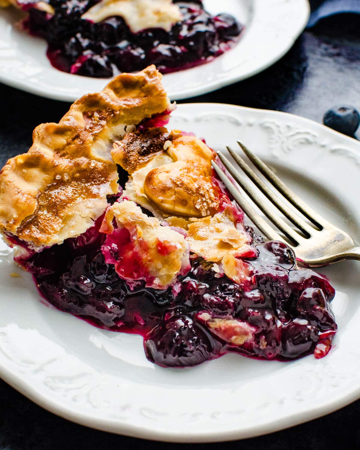 Blueberry pie with a flaky crust.