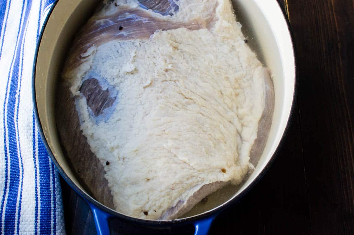 Making corned beef in a Dutch oven.