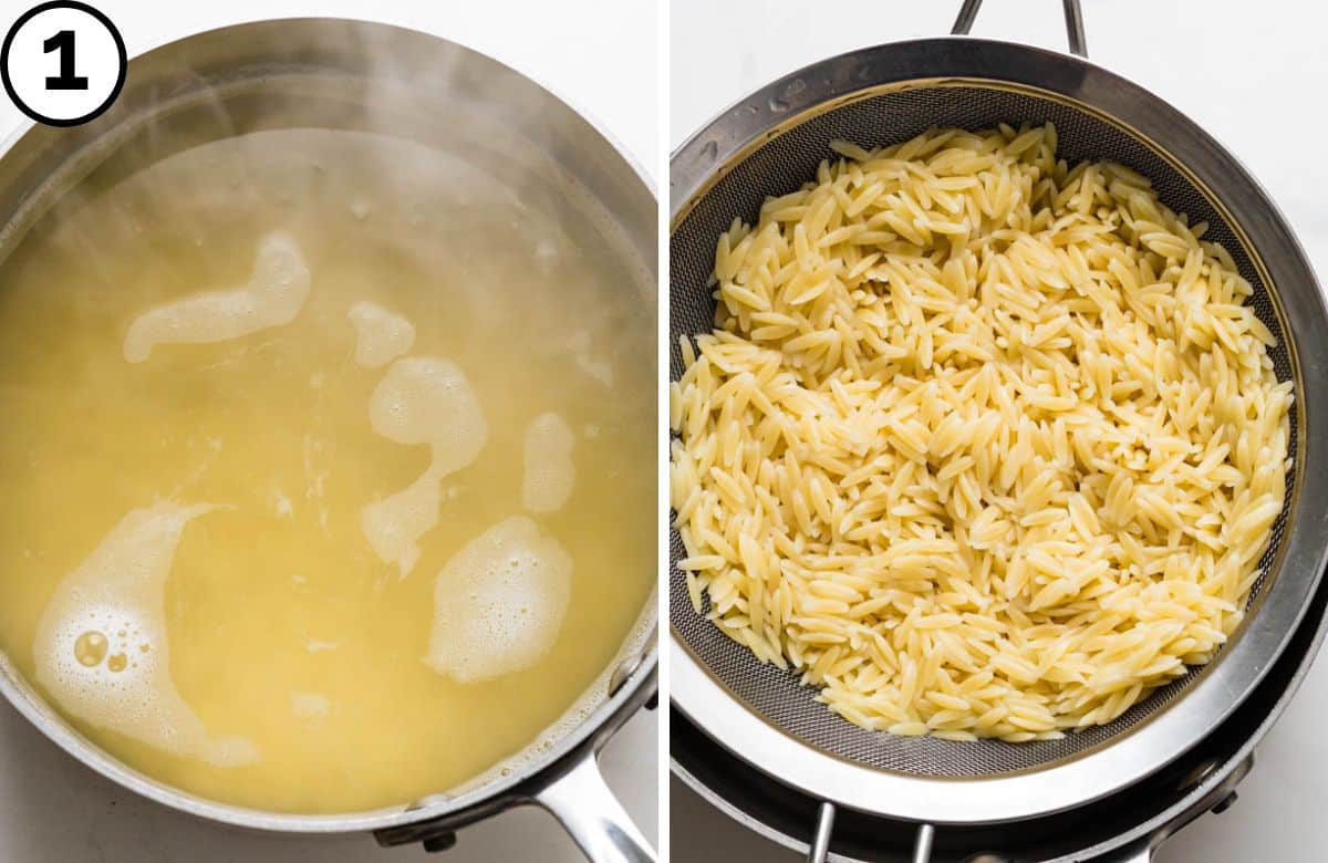 Cook the orzo and cool it with cold water. Drain.