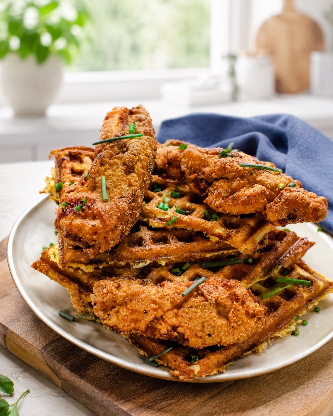 A stack of crispy fried chicken strips and crisp golden waffles with a sprinkle of chives.
