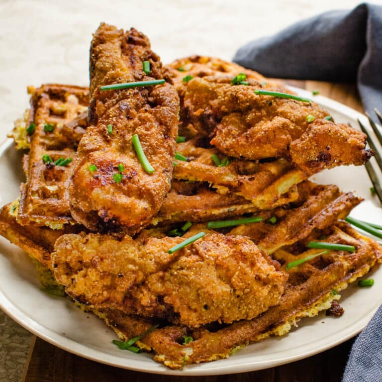 A plate of fried chicken and waffles.