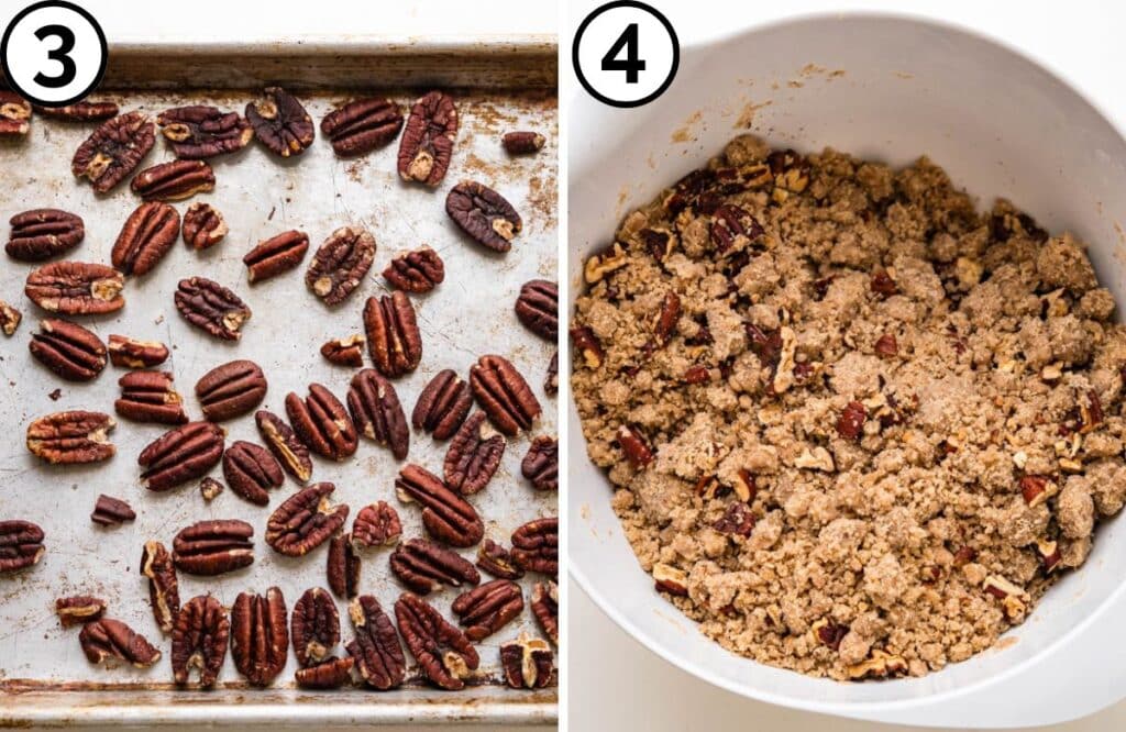 Chop the toasted pecans and add them to the crumble topping.