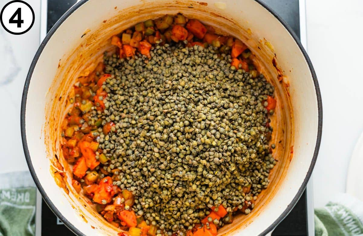 Add rinsed and drained de Puy lentils.