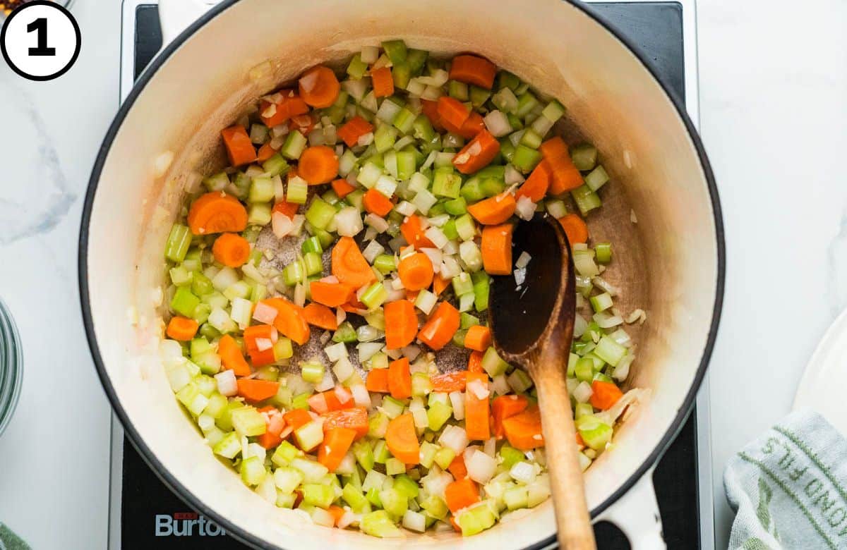 Saute the mirepoix.
