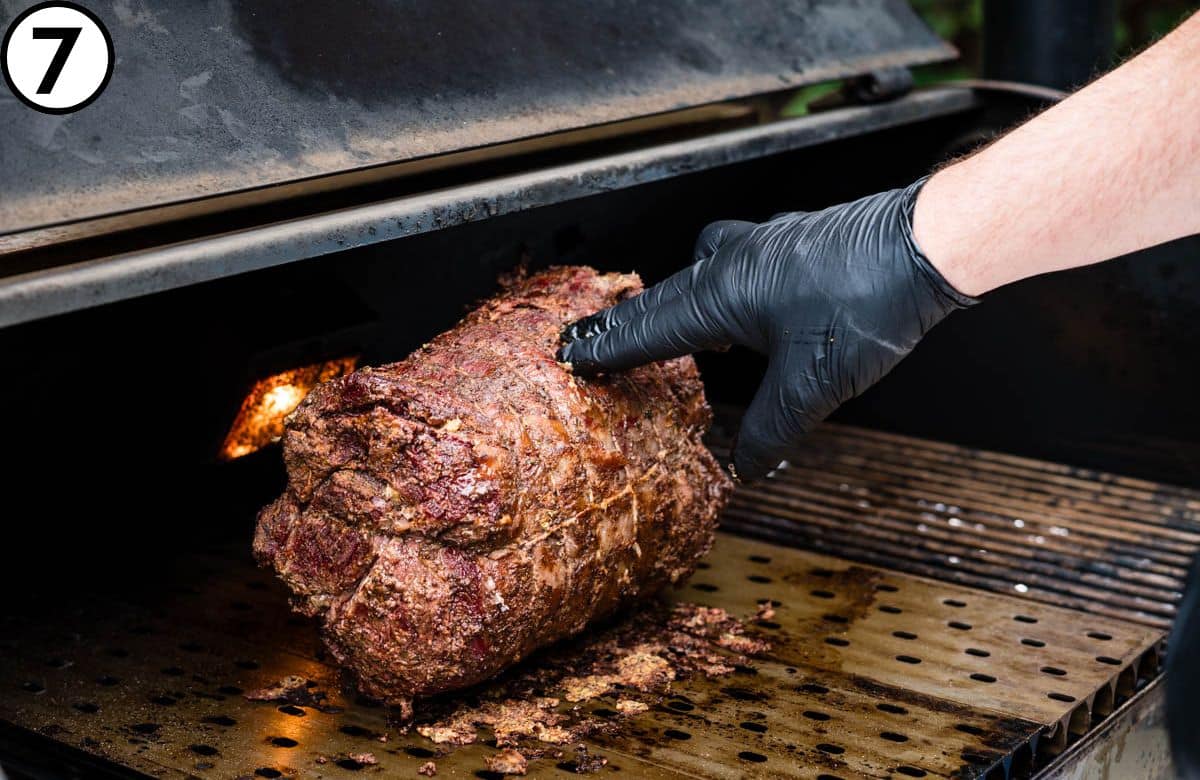 Sear the exterior of the meat on the hot grates.