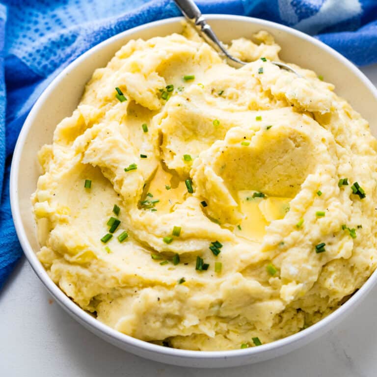 A bowl of horseradish mashed potatoes.