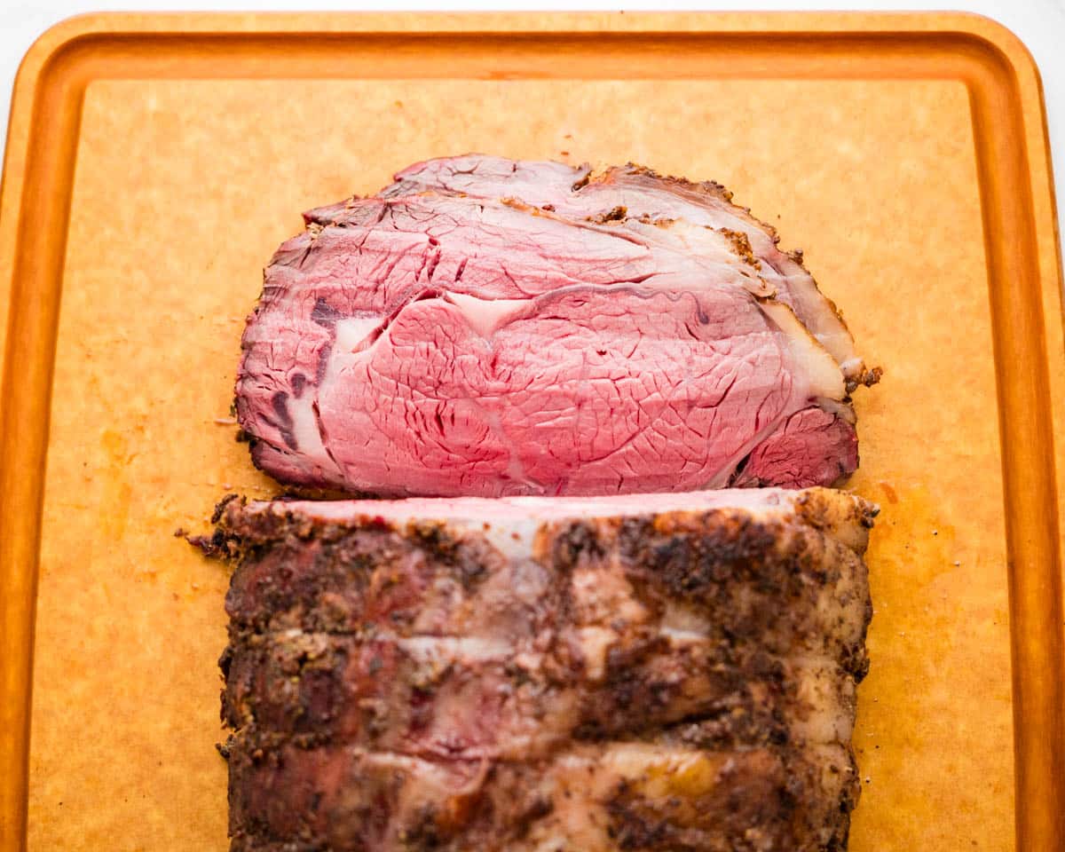 An overhead shot of slicing the smoked prime rib.