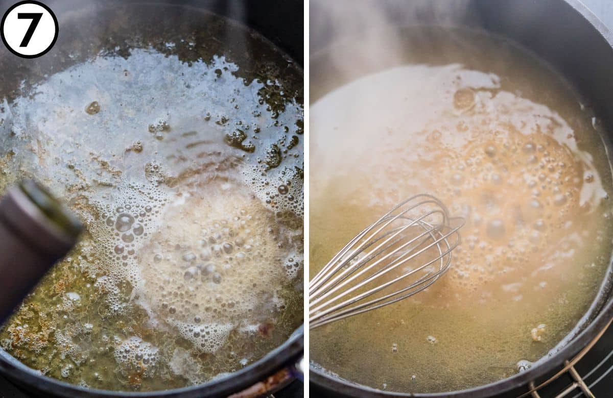 Deglaze with wine and whisk.