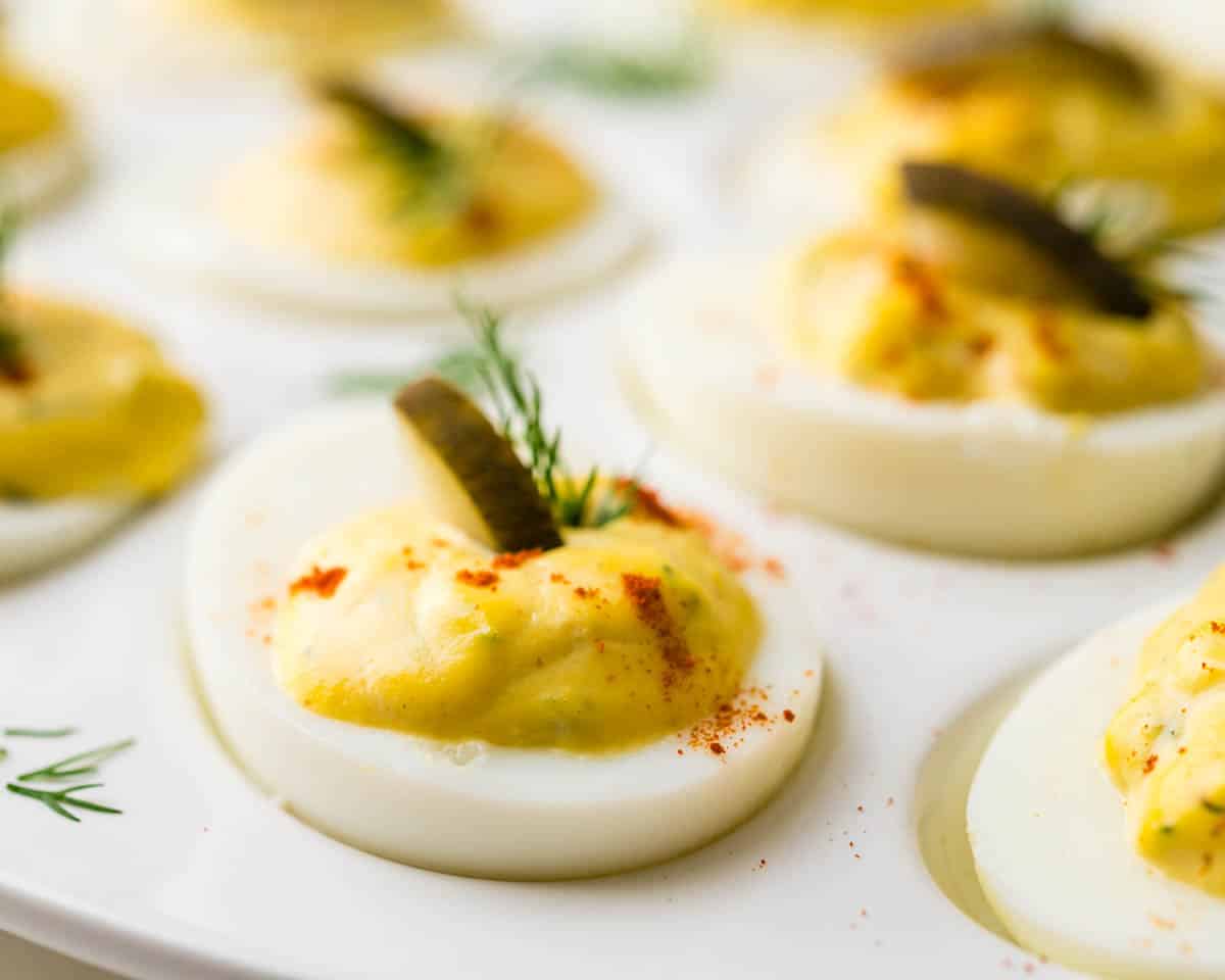 A closeup of the deviled eggs.
