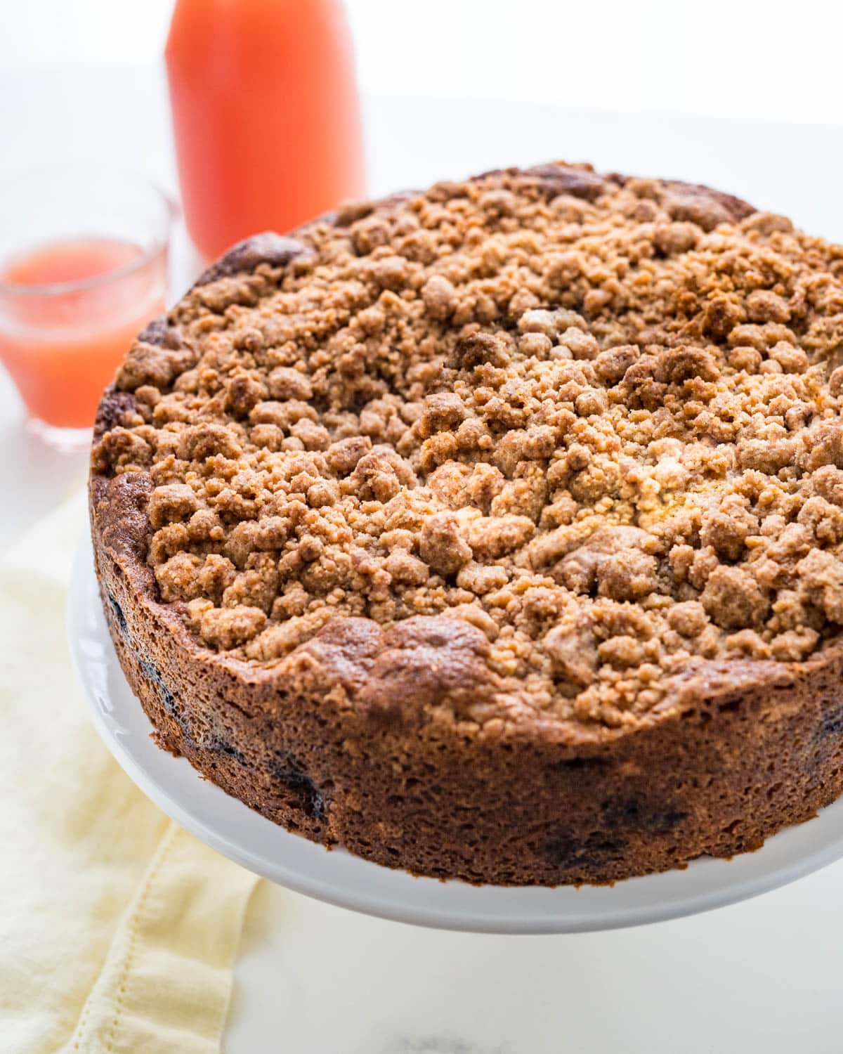 Showing the crumble topping on the blueberry and sour cream coffee cake.