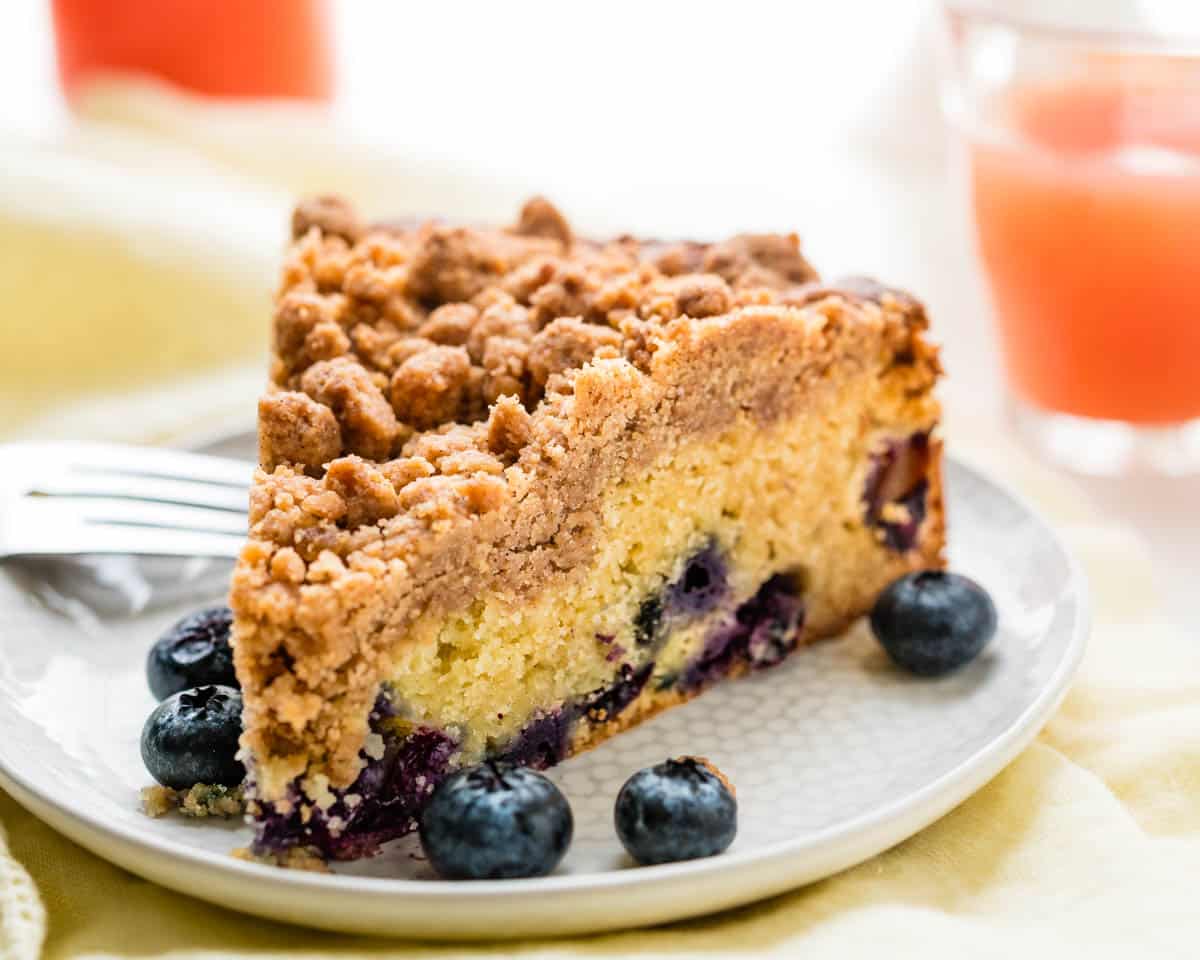 A thick slice of the blueberry coffee cake.