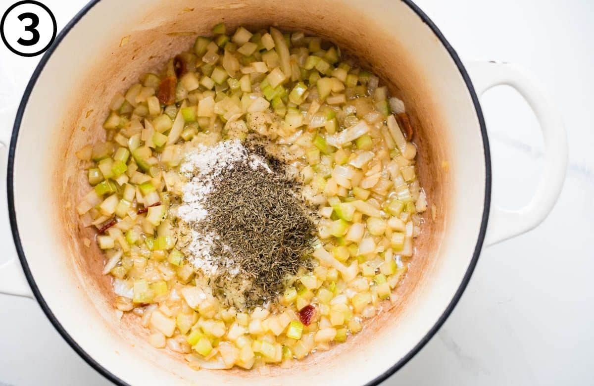 Adding the salt, pepper and thyme