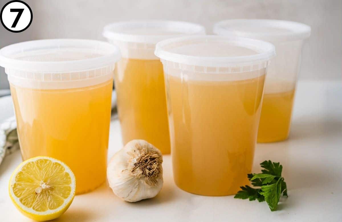 Divide the stock between storage containers and refrigerate or freeze.