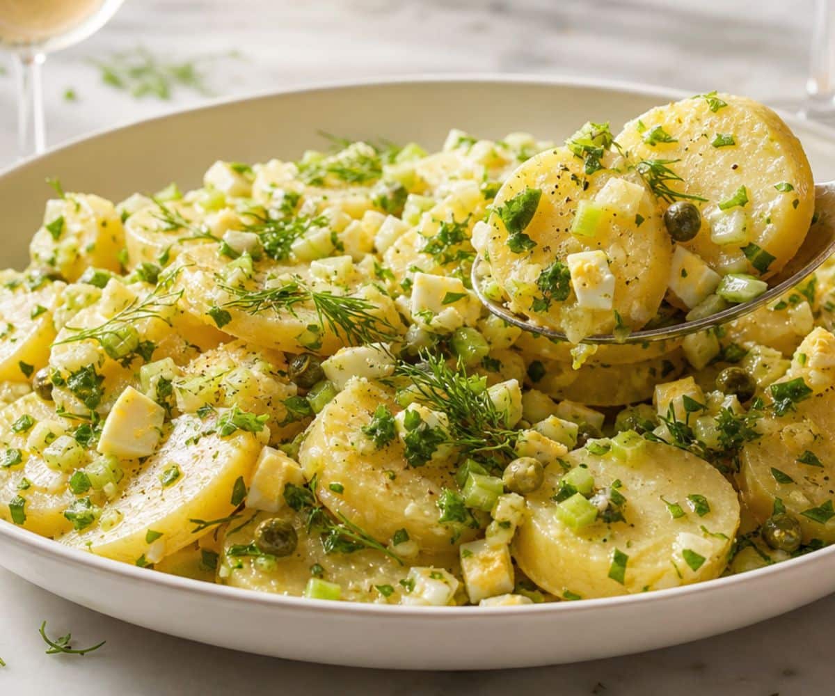 scooping up the French potato salad from a bowl.