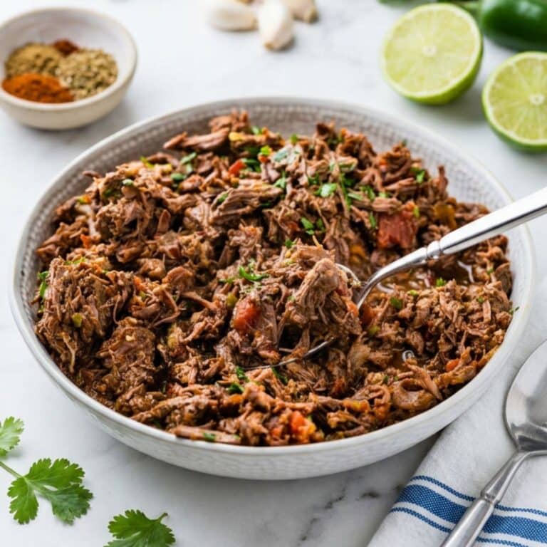 Mexican shredded beef on a white counter top with extra ingredients around it.