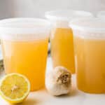 3 quarts of fish stock with lemon and garlic.
