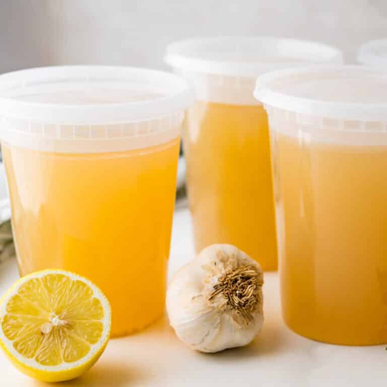3 quarts of fish stock with lemon and garlic.