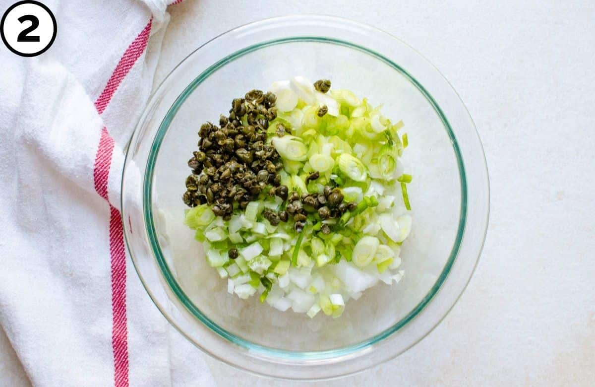 Diced vegetables in a bowl.