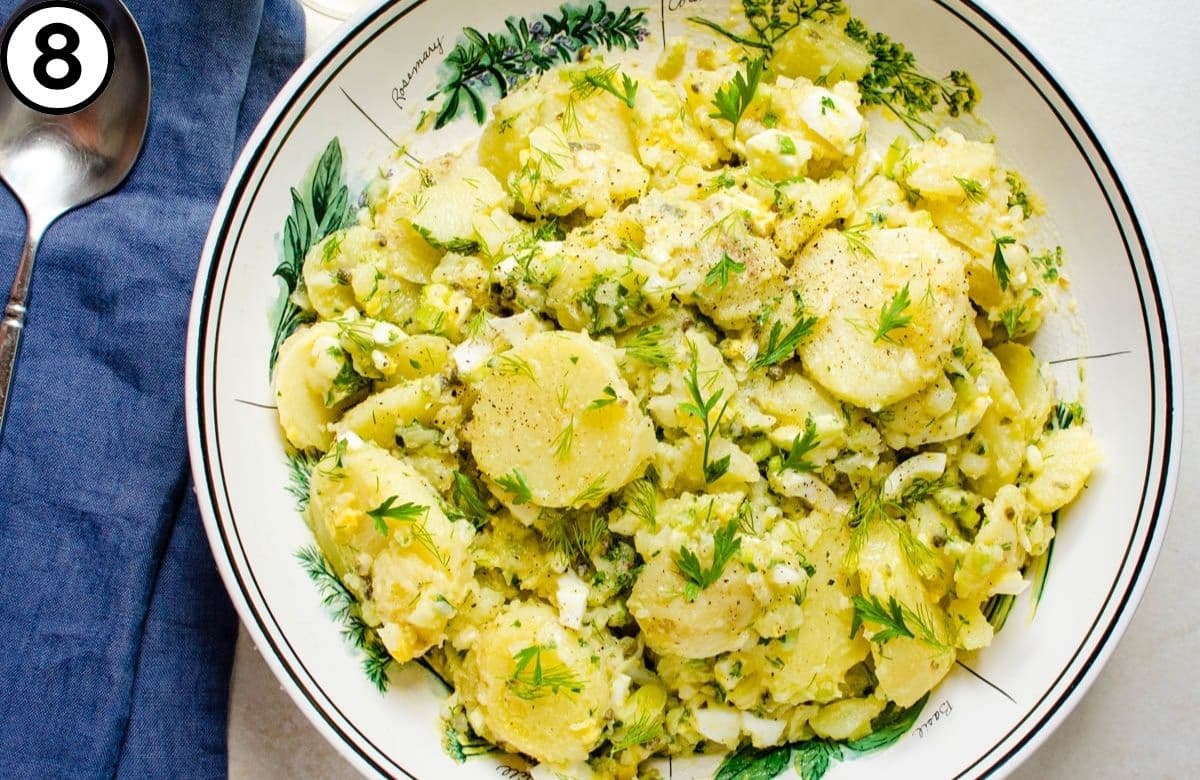 A bowl of no mayo French potato salad.