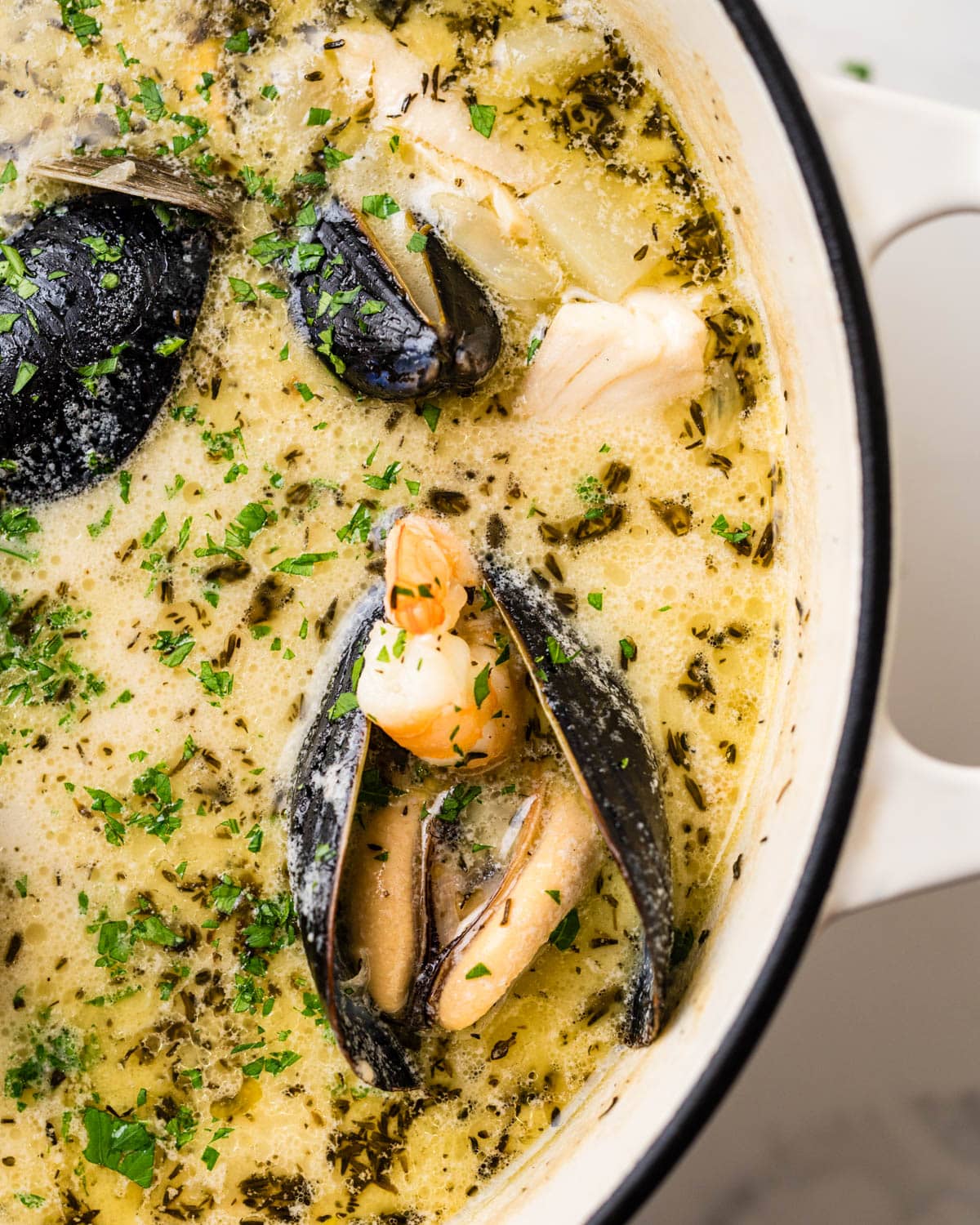 A closeup of mussels and shrimp in the chowder.