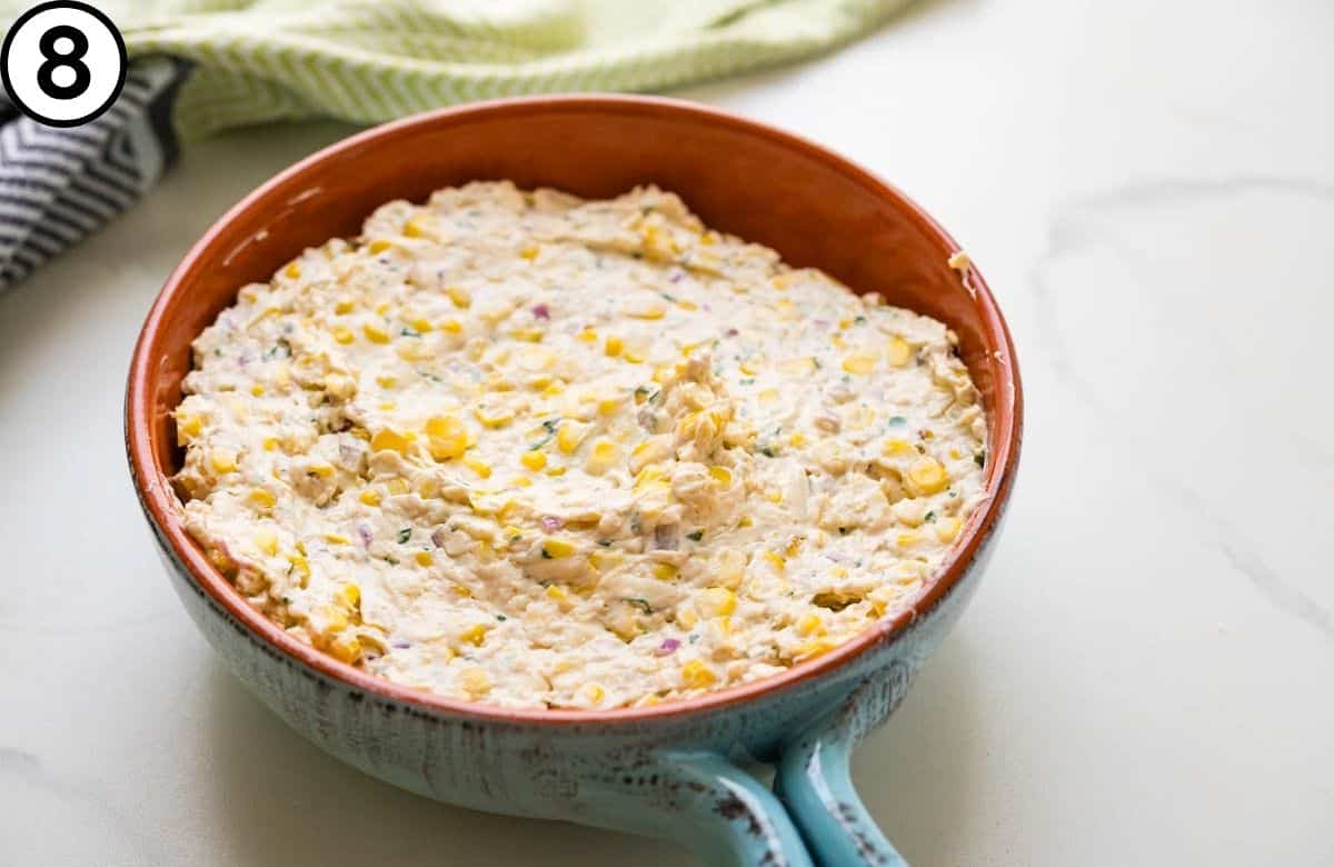 Corn dip in an oven-proof baking dish.