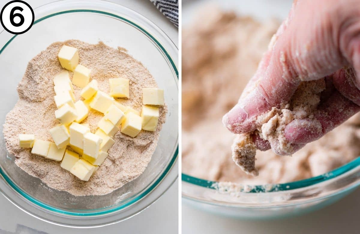 Add the butter and blend with your fingers until crumbly.