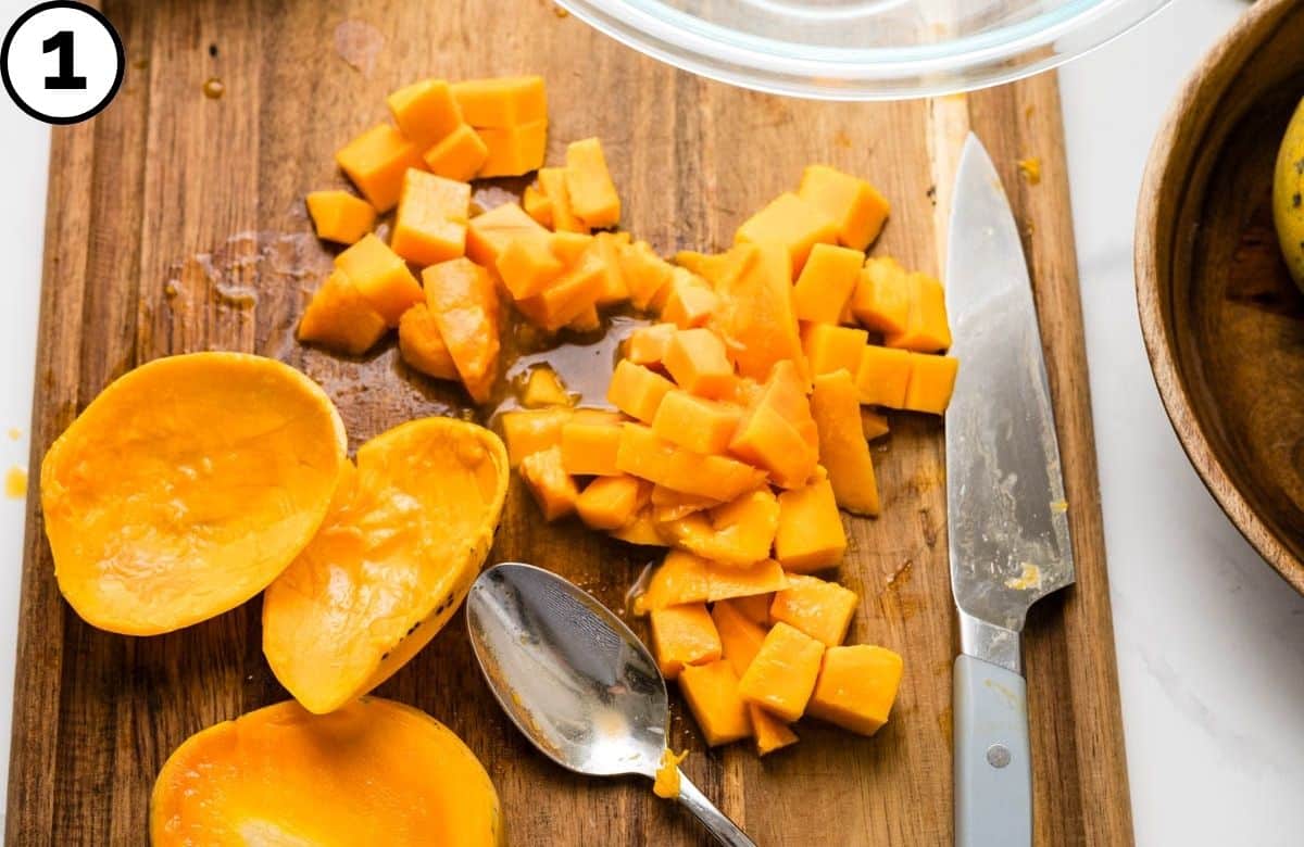 Dicing the mangoes.