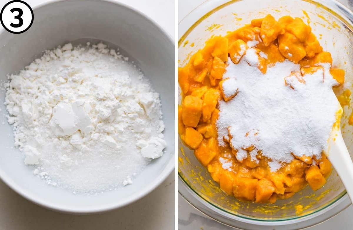 Mixing sugar and cornstarch and adding to the fruit.