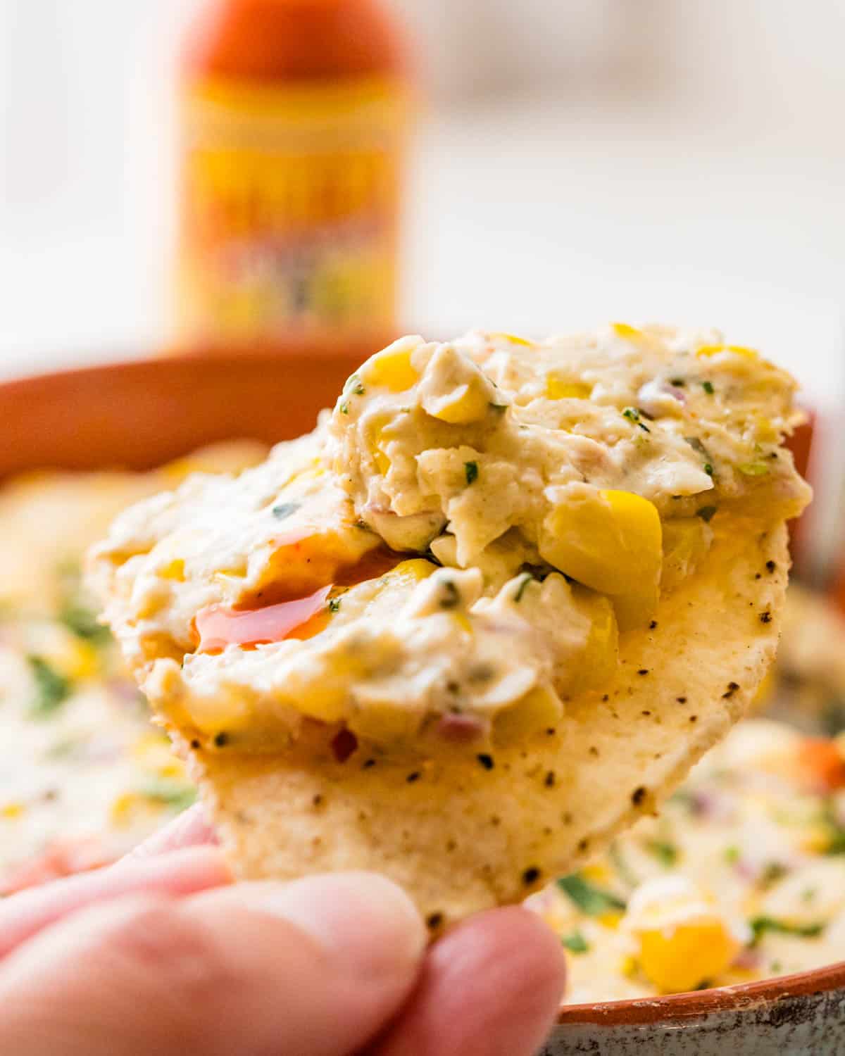 A tortilla chip with Mexican street corn dip on it.