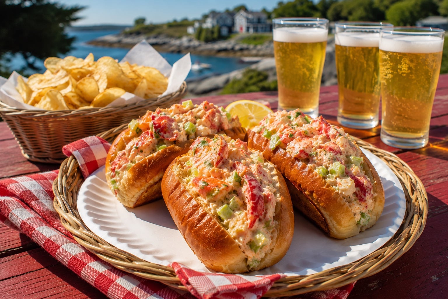 A scene of 3 lobster rolls on a paper plate with beers and chips in the background on a picnic table on the Maine coast.