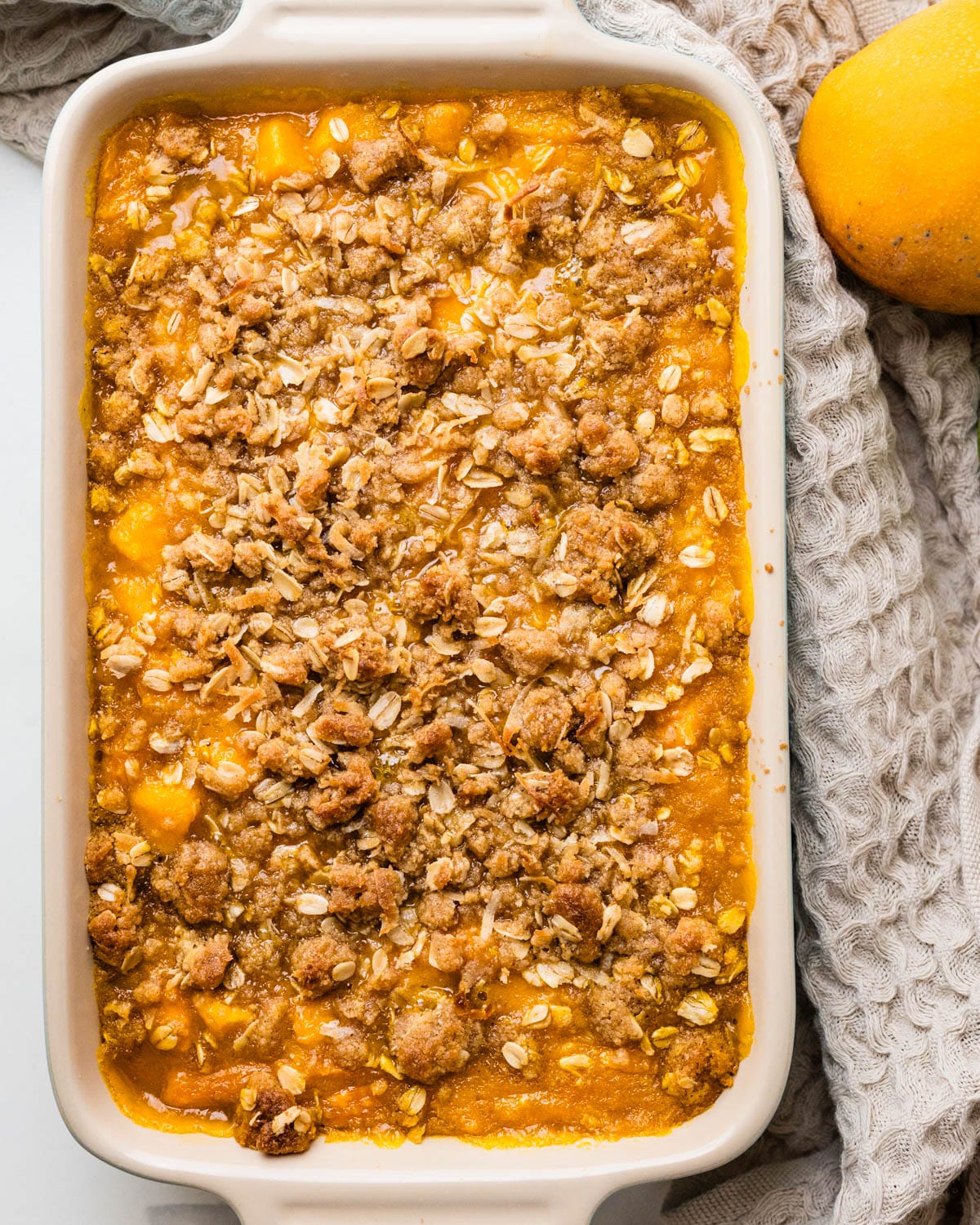 The baked mango crisp with coconut oatmeal crumble topping.