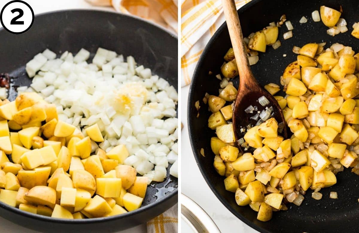 Saute potatoes, onions and garlic in the rendered fat.
