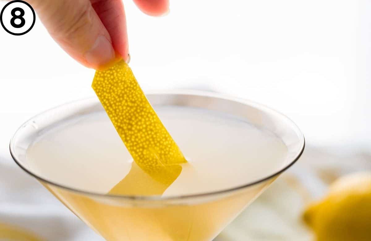 Pour the lemon gin cocktail into a martini glass or coupe and garnish.