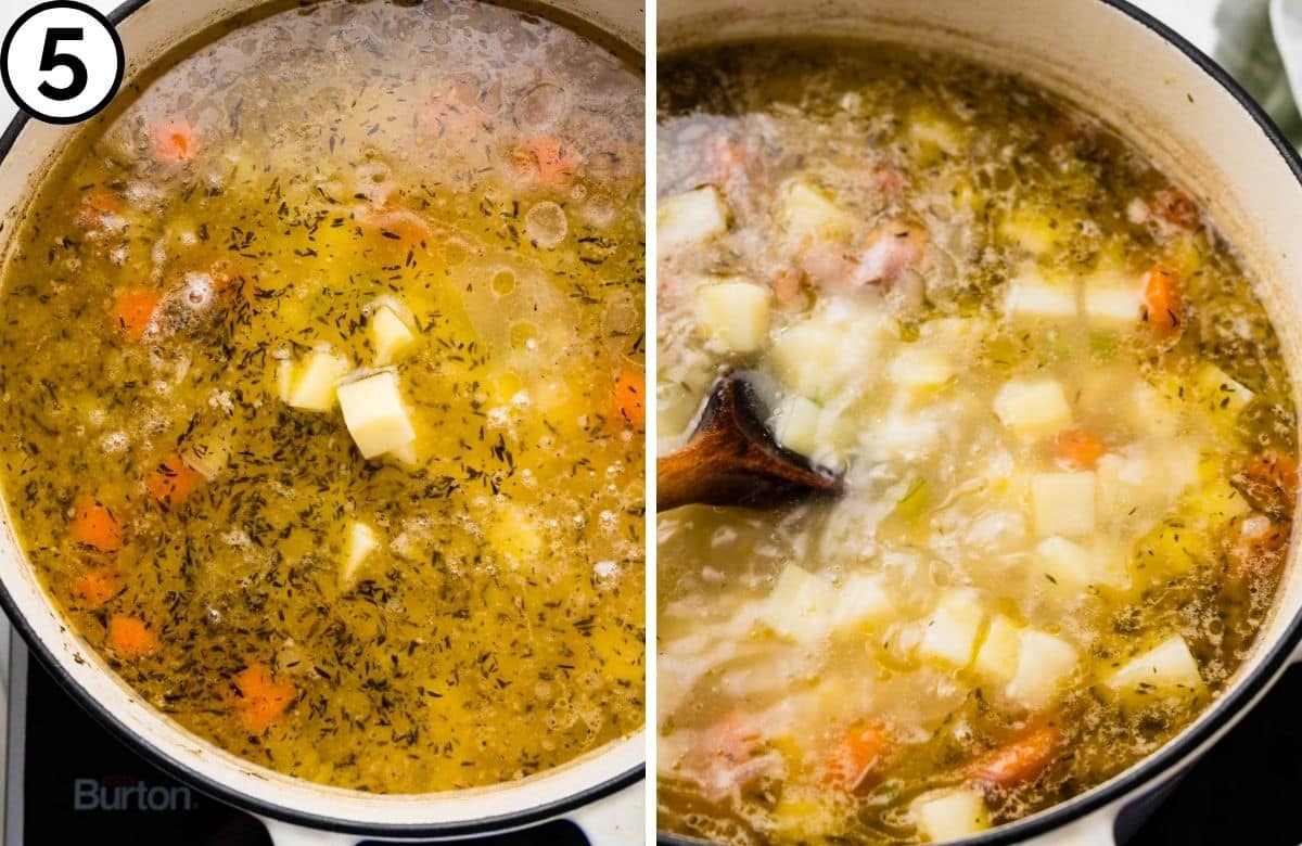 Remove the ham bone and add the potatoes.