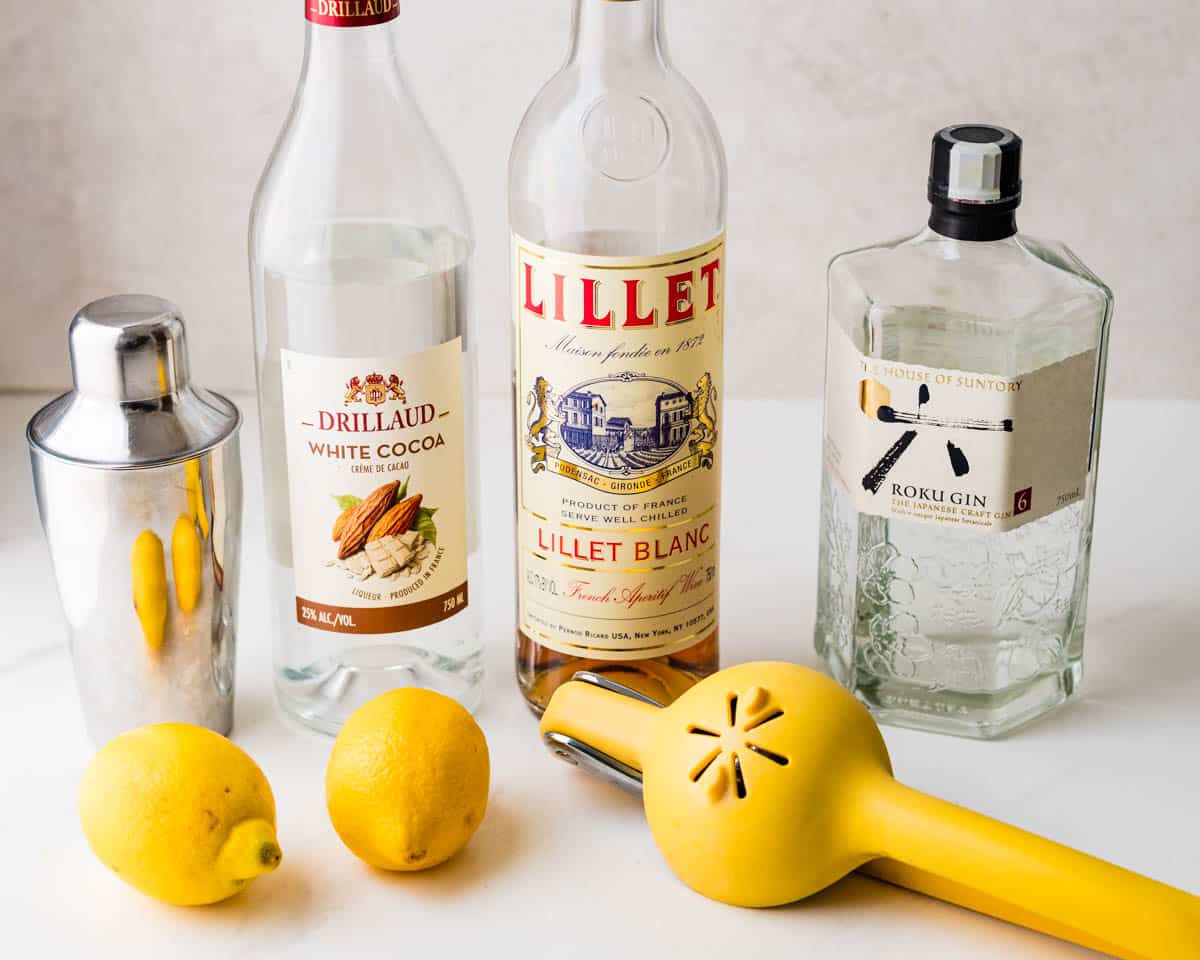 Ingredients and bar equipment for a 20th century cocktail.