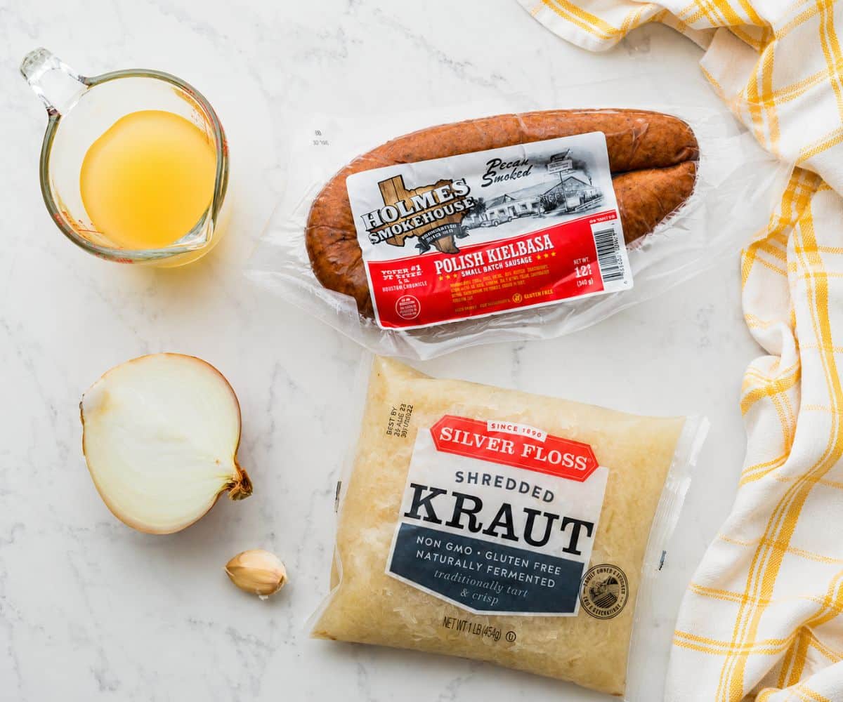 Ingredients for the Polish kielbasa and sauerkraut skillet dinner.
