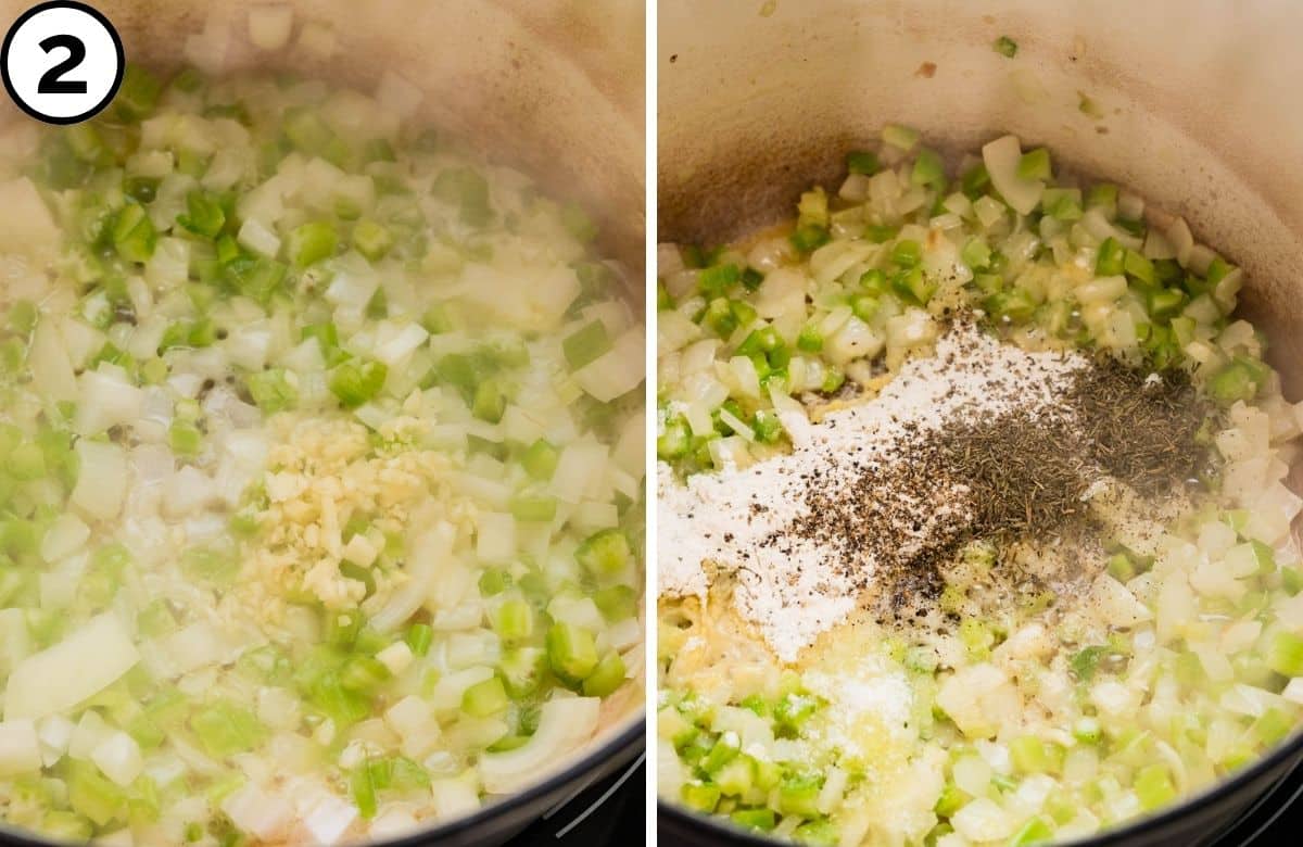 Add the garlic, flour and spices.