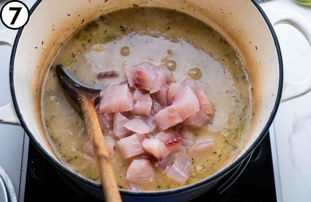 Add the diced fish.
