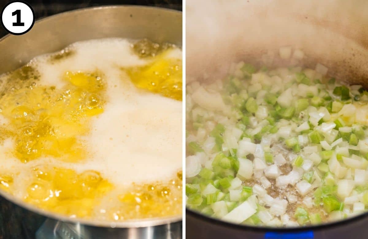 boil potatoes and sweat vegetables.