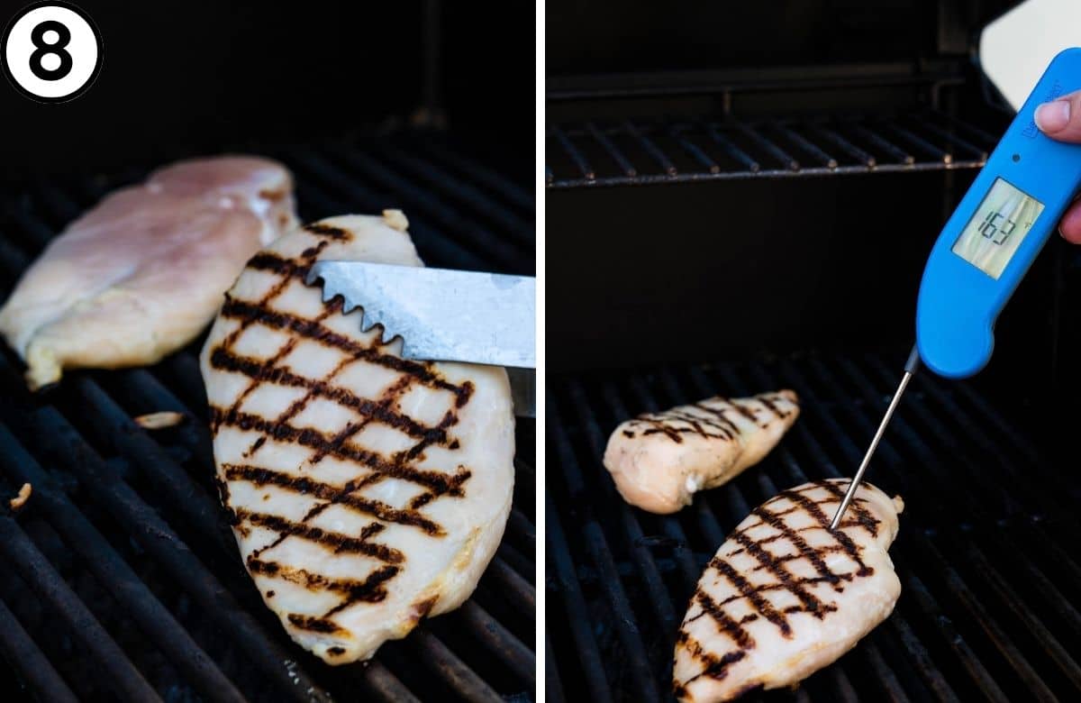 Grilling chicken and checking doneness.